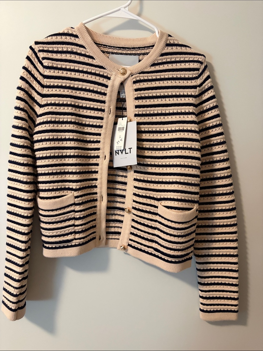 NWT NVLT Anthropology Women’s Cream and Navy Striped Knit Cardigan